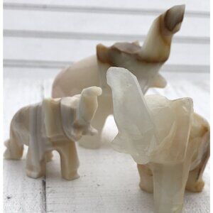 Vtg Hand Carved Marble Onyx Stone Lucky Trunk Up Elephant Figurine Lot Set 3